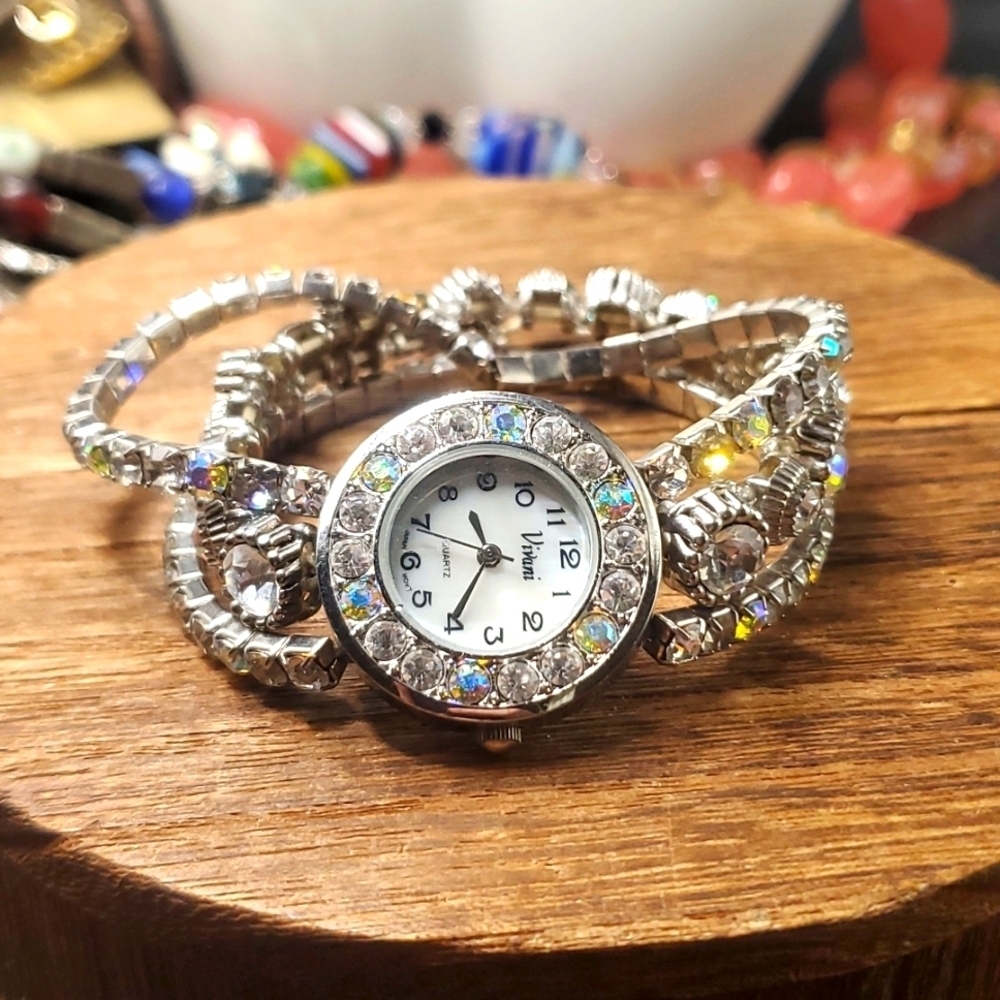 B3210 Vintage Vivani Watch Aurora borealis rhinestone AB Stretch Bracelet